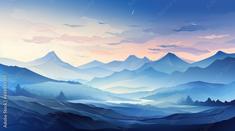 stylized blue peaks landscape in the style of dark blue and gray minimalistic drawing