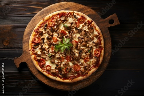 pizza with tomatoes, mushrooms and spinach on a dark wood table background.