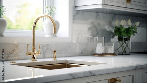 Fragment of a modern classic luxury kitchen with window. White marble countertop with built-in sink  curved gold faucet  white cabinets  flowers in a vase. Contemporary interior design. 3D rendering.