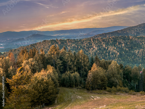 Fototapeta Naklejka Na Ścianę i Meble -  A view to Beskid Zywiecki Mountains at sunset, Poland