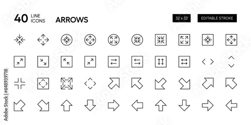 Arrow icon collection. Interface icon set. Zoom, expand, collapse, direction, scale and more. Editable stroke. Pixel Perfect. Grid base 32 x 32.
