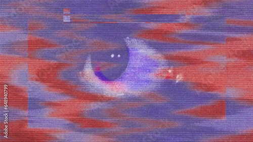 Rapidly moving human eye on a glitchy VHS orange and blue backdrop. Seamless loop animation.