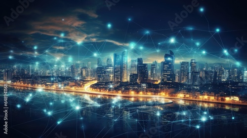 Big data connection technology. Cityscape telecommunication and communication network concept. Smart city and digital transformation. © pinkrabbit