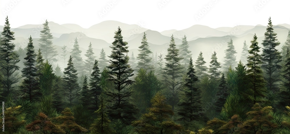 Mystical morning. Foggy forest adventure. Pine peaks and misty valleys. Serene wilderness. Emerging from mist. Sunrise in woodland background