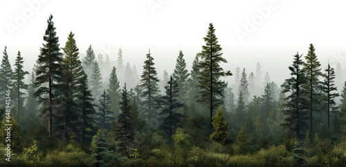 Mystical morning. Foggy forest adventure. Pine peaks and misty valleys. Serene wilderness. Emerging from mist. Sunrise in woodland background