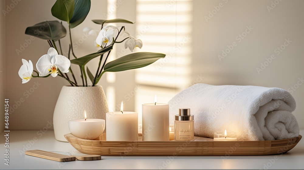 Beautiful spa treatment composition such as Towels, candles, essential oils, Massage Stones on light wooden background. blur living room, natural creams and moisturising Healthy lifestyle, body care Beautiful spa treatment composition such as Towels, candles, essential oils, Massage Stones on light wooden background. blur living room, natural creams and moisturising Healthy lifestyle, body care