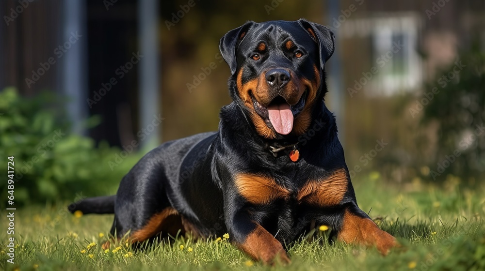 playful rottweiler on the grass, at the park, in the yard