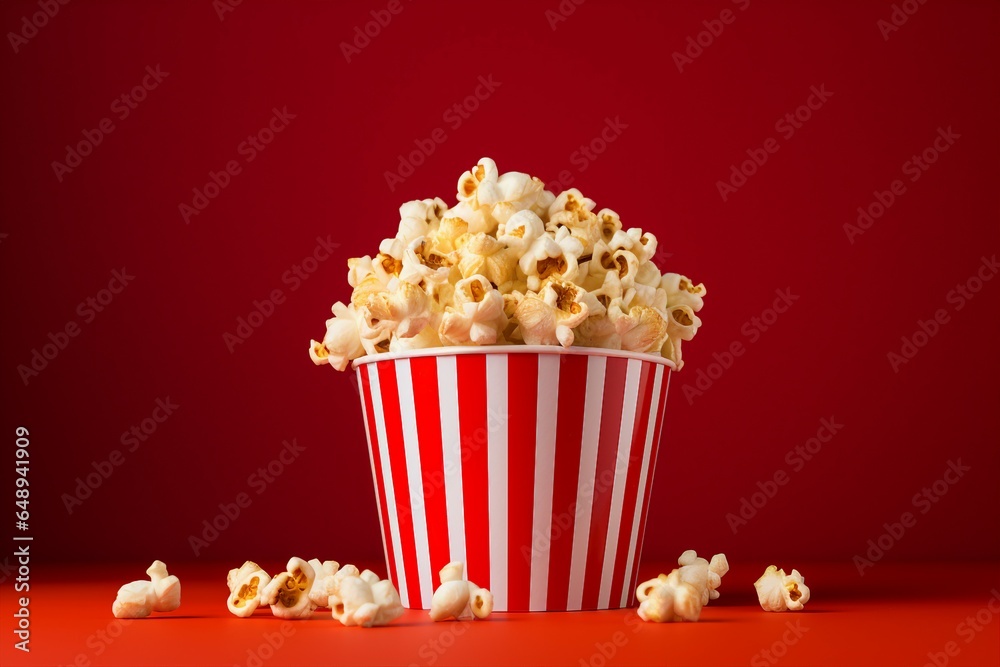 Red and white popcorn bucket with popcorn empty background, place for text, dark red  background
