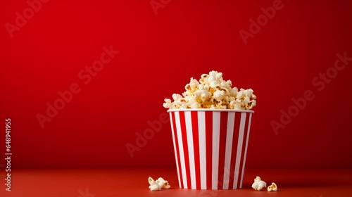 Red and white popcorn bucket with popcorn empty background, place for text, dark red  background