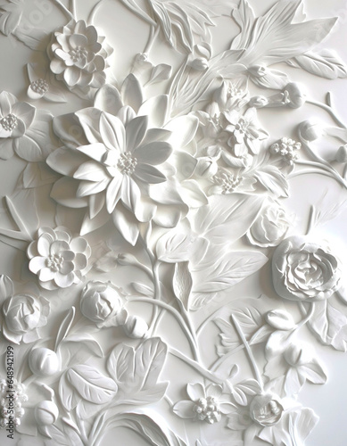 gypsum panel of white flowers on a white background, close-up photo.