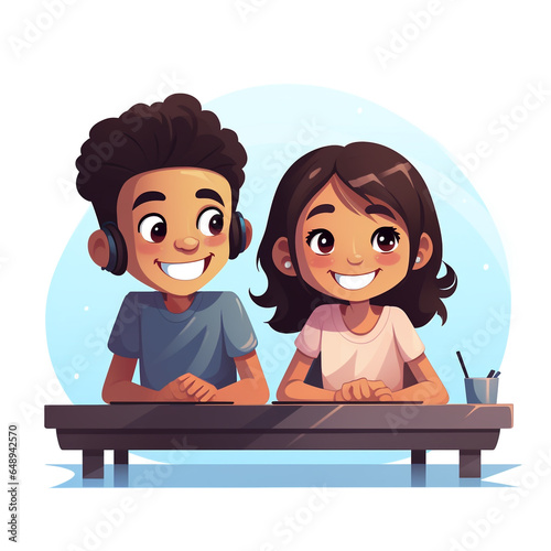 Two diverse children having fun playing on a computer. Flat simple clipart illustration with plain background. 