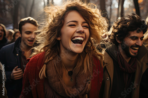 Cheerful carefree excited young woman having fun with friends outdoors at autumn park © sommersby