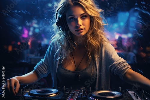 Beautiful girl disc jockey at the turntable, DJ plays music in the club
