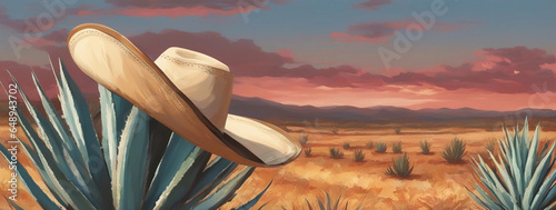 Cowboy hat in the desert. Generative AI.