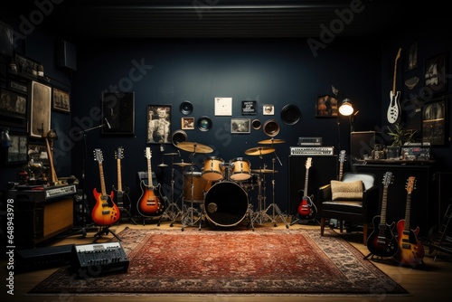 Rehearsal space for rock music band, drum set, guitars, amplifiers photo