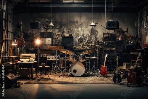 Rehearsal space for rock music band, drum set, guitars, amplifiers