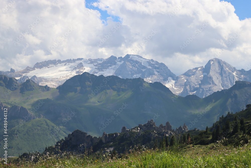 Fototapeta premium Alto Adige, Italy – July 16, 2023: Traditional wooden hut on Alpe di Siusi (Seiser Alm) in italian Dolomites. Vibrant green alpine meadow. South Tyrol, Dolomites