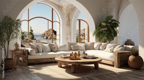 Interior of elegant modern living room in luxury villa. Stylish sofa, wooden coffee table and side tables, houseplants, arch windows with beautiful garden view. Contemporary home design. 3D rendering.
