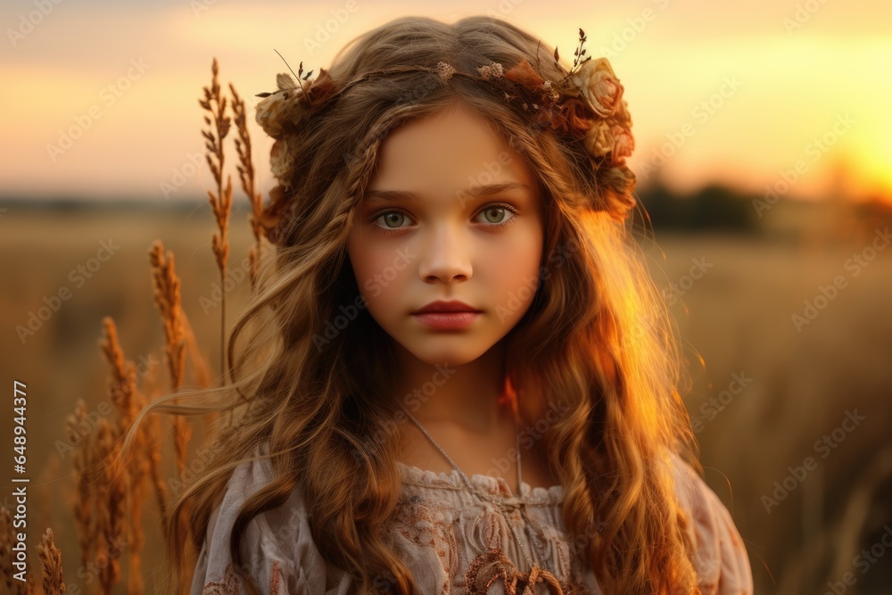 cute little girl in a white dress with a wreath on her head on a background of a wheat field cute little girl in a white dress with a wreath on her head on a background of a wheat field