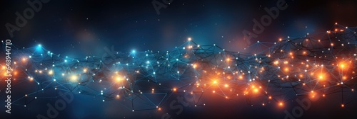 Abstract connected glowing dots. Internet, technology concept. Horizontal banner