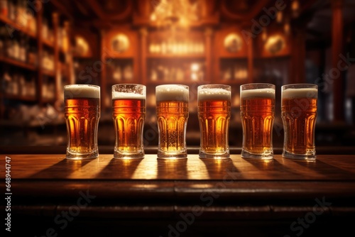 Light beer in glass mugs on a wooden bar counter