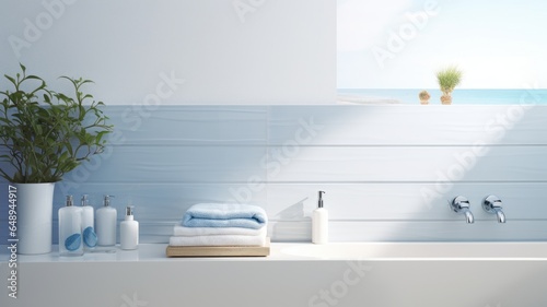 Fragment of modern luxury scandi bathroom with white walls and window. White countertop with built-in sink  chrome wall tap  bottles with cosmetics  towels. Contemporary home design. 3D rendering.