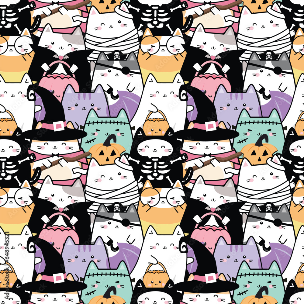 Seamless pattern of kawaii cute cat costume for Halloween. Cartoon Animals Character Background, Vector Illustration. Design for scrapbooking, baby clothing, cards, paper goods, fabric and more