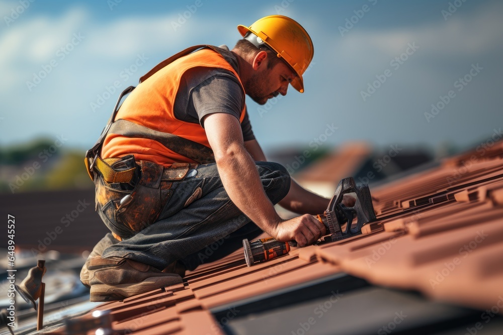 construction worker on the roof working close up construction worker on the roof working close up
