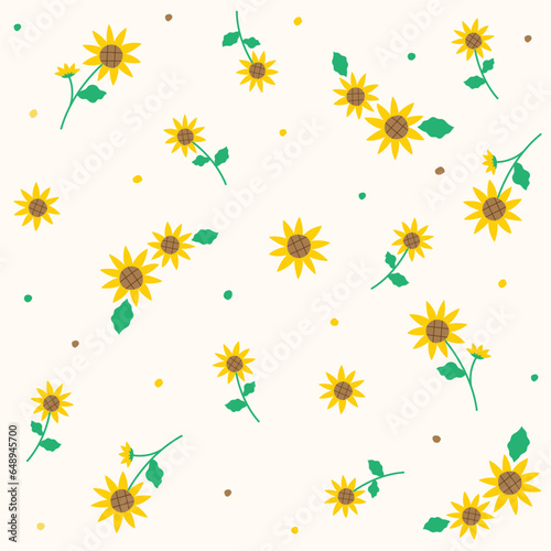 Cute Doodle Yellow Sunflower Flower Element with Leaves Floral Ditsy Leaf Polkadot Dot Confetti. Abstract Organic Shape Hand Drawn Hand Drawing Cartoon. Color Seamless Pattern Yellow Background.