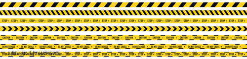 Creative vector illustration of black and yellow police stripe border. Set of danger caution seamless tapes. Art design line of crime places. Abstract concept graphic element. Construction sign.