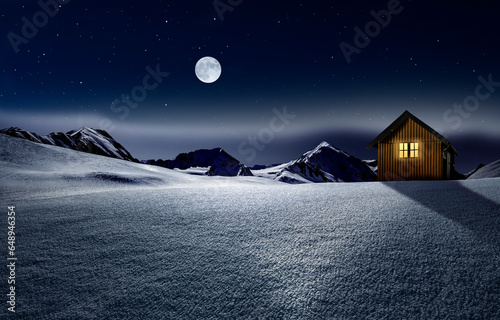 Weihnachtshütte mit leuchtendem Fenster in einer verschneiten Winterlandschaft © by-studio