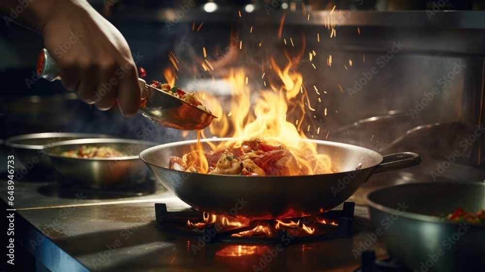 Close-up Professional chef hands cook food with fire in kitchen at restaurant. - obrazy, fototapety, plakaty 