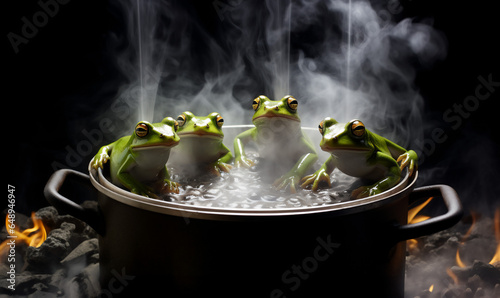 Obraz na plátně A group of calm frogs boiling in a pot with very hot water, emitting steam to represent inactivity and passivity in the face of challenging social and political situations