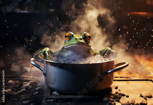 An enchanted frog prince from a fairy tale, being boiled in a pot or cauldron, submerged in water with smoke around. Metaphor of the passivity of a toad being cooked slowly photo
