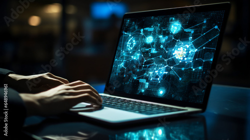 A close-up of a laptop screen with abstract net connections of the deep web, and the hand of an anonymous hacker typing codes. Dark background