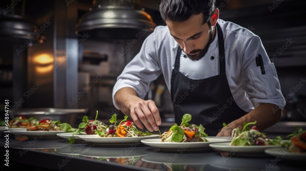 Male chef plating food in plate or preparing cooking food in kitchen at restaurant.