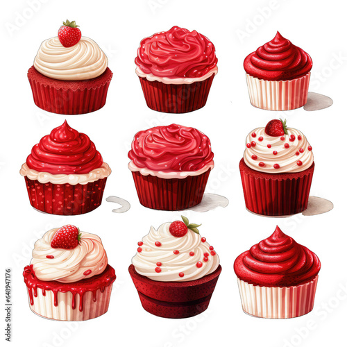 A professional digital art illustration hand painted style of Red Velvet cake clipart collection on transparent blackground generate by AI