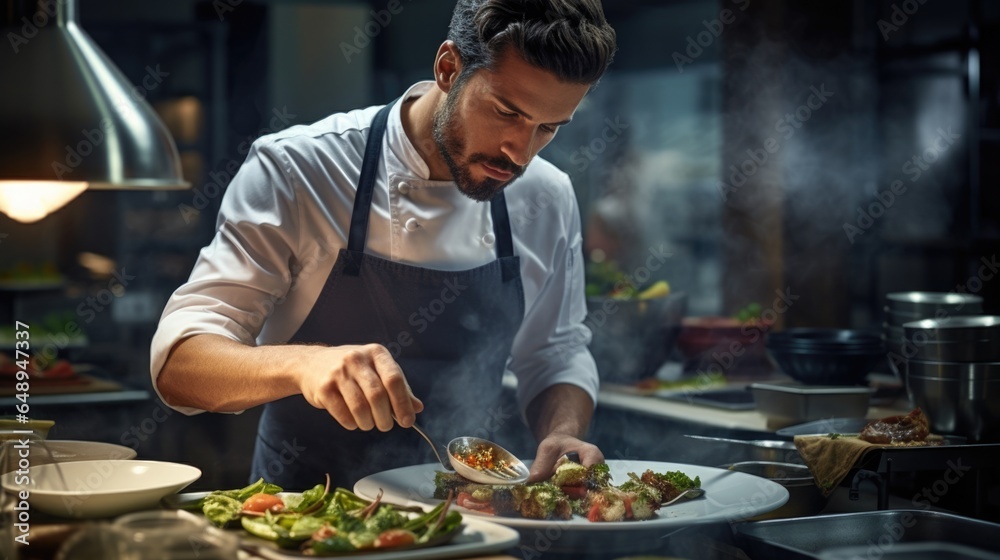 Male chef plating food in plate or preparing cooking food in kitchen at restaurant. Male chef plating food in plate or preparing cooking food in kitchen at restaurant.