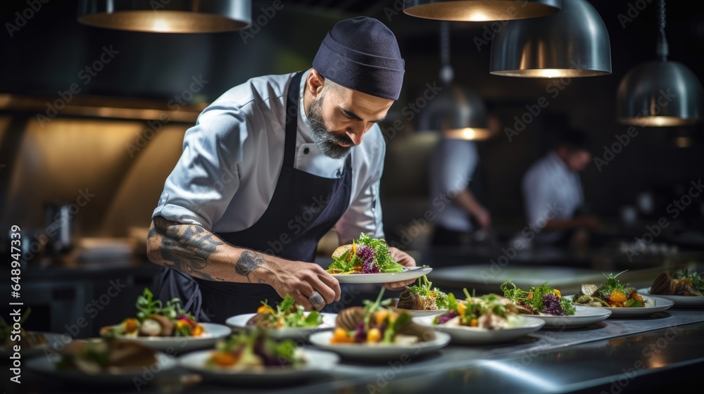 Male chef plating food in plate or preparing cooking food in kitchen at restaurant. Male chef plating food in plate or preparing cooking food in kitchen at restaurant.
