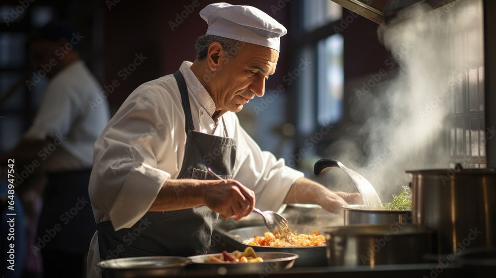 Male chef plating food in plate or preparing cooking food in kitchen at restaurant. Male chef plating food in plate or preparing cooking food in kitchen at restaurant.