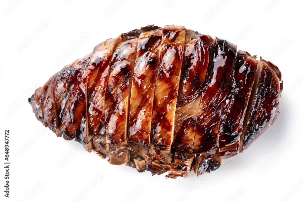 BBQ steak isolated on white closeup in fast food restaurant, eating out, copy space BBQ steak isolated on white closeup in fast food restaurant, eating out, copy space