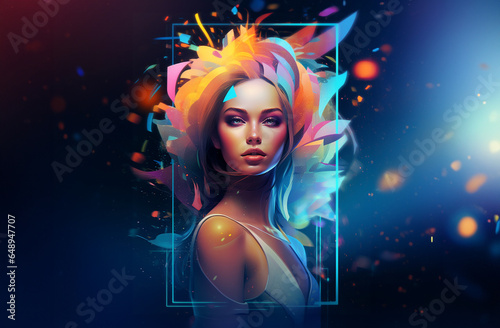 digital illustration of the bust of a beautiful young futuristic girl representing the art of drawing with artificial intelligence. Colorful decoration with vector brush strokes  fluid organic shapes