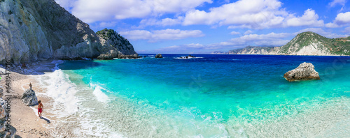 best scenic beaches of beautiful Cephalonia (Kefalonia) island - Agia Eleni with picturesque rocks. Greece , Ionian islands