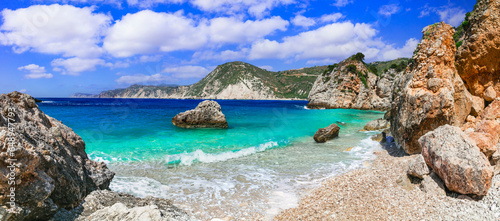 Scenic best beaches of beautiful Cephalonia (Kefalonia) island - Agia Eleni with picturesque rocks. Greece , Ionian islands
