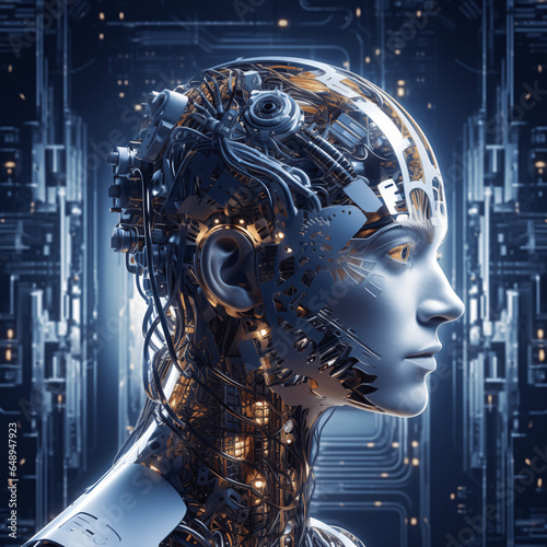 The generative AI creates a stunning illustration young female cyborg,intricately detailed with visible mechanisms and wires within her head,set against a futuristic digital.Generative Ai illustration