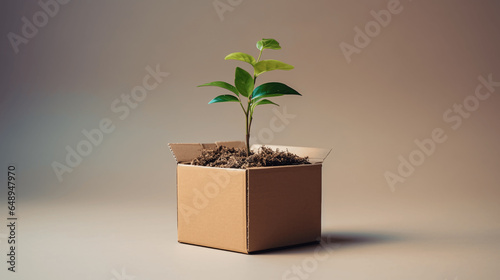 In splendid isolation, a delicate and vibrant small plant thrives within the confines of a cardboard box. Its existence serves as a poignant testament to nature's remarkable.Generative Ai illustration