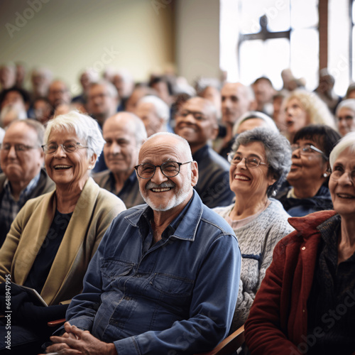 Seniors gathered in the warm and welcoming community center, attentively listening speaker who shared valuable insights and stories. In this shared space,filled with a sense.Generative Ai illustration