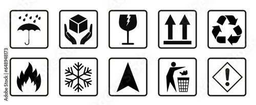 Packaging and warning symbols set, fragile cargo icons, fragile package warning signs umbrella, box in hands, glass, side up box, logistics delivery shipping special labels - vector photo
