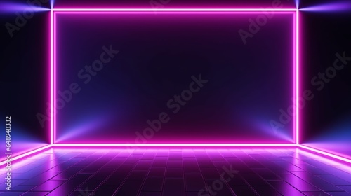 Futuristic purple neon room interior background for product presentation with violet light and beautiful copy space