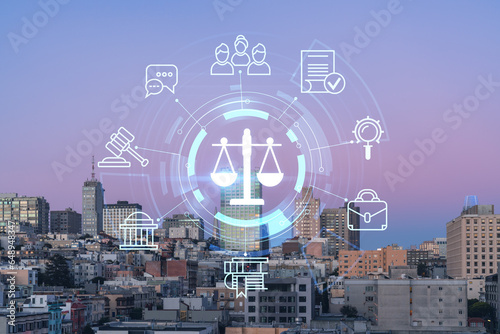 Panoramic cityscape view of San Francisco Nob hill area, sunset, midtown skyline, California, United States. Glowing hologram legal icons. The concept of law, order, regulations and digital justice